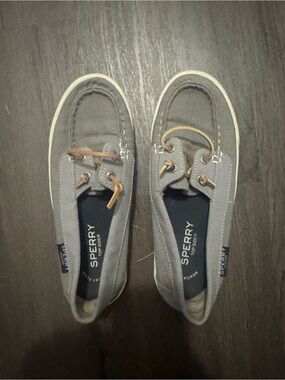 Sperry Gray Canvas Boat Shoes Tan Laces Women’s Size 6 Nautical Casual